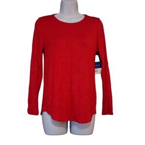 NEW Apt 9 Womens Slinky Stretch Tee Size PXS Petite Red Sparkly Long Sleeve Top